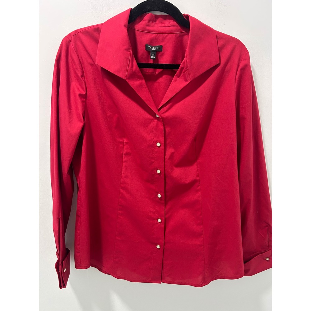 Talbots Petites Red Cotton Button Down Shirt Rhinestone Buttons 12P Long Sleeve
